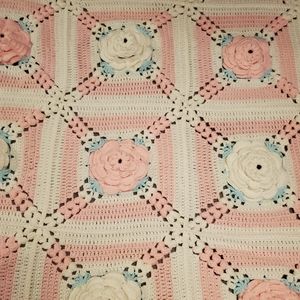 Hand Crocheted Afghan with 3-D Rose